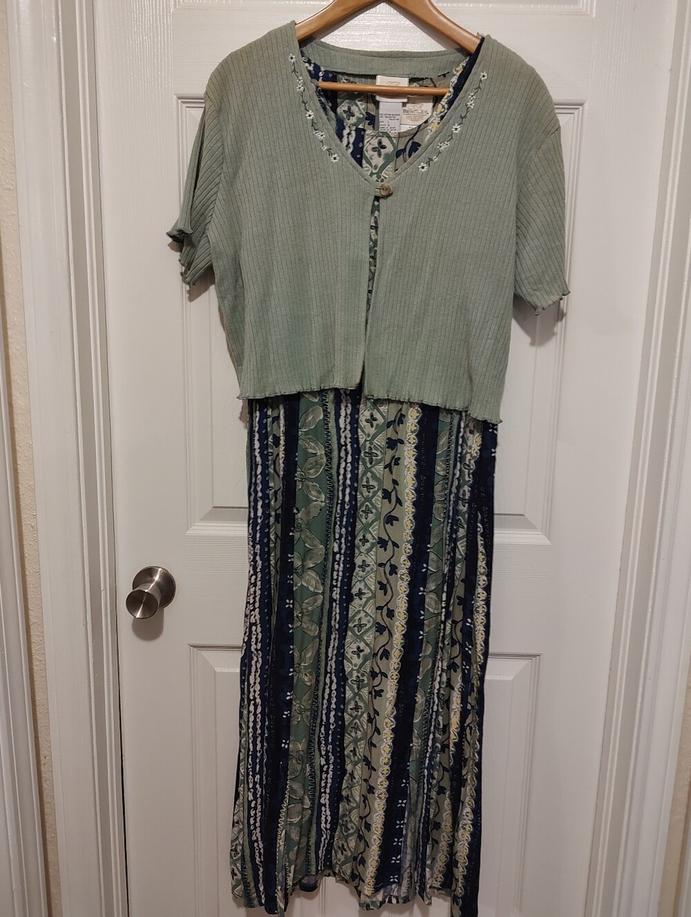 Striped Floral Maxi Dress with Sage Cropped Cardigan Set